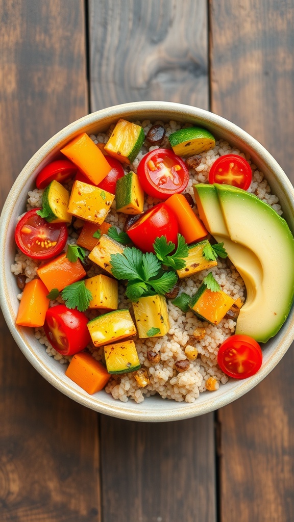 A colorful quinoa bowl with sautéed vegetables, avocado, and cilantro on a rustic table.